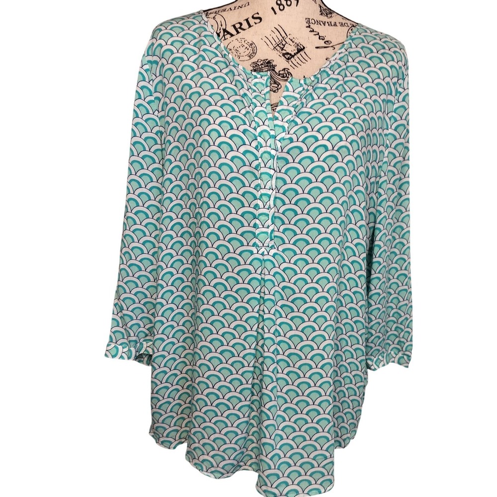 Stylus Women's L Teal Scallop Print 3/4 Sleeve Rayon Blouse Split V-Neck Tunic